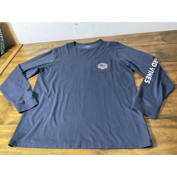 Vineyard Vines Patriotic American Flag Medium Long Sleeve Pocket T-Shirt Blue - Picture 1 of 9